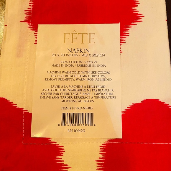 4 NWT Fete Napkins Red and White 20” x 20” 100% Cotton - Picture 3 of 5